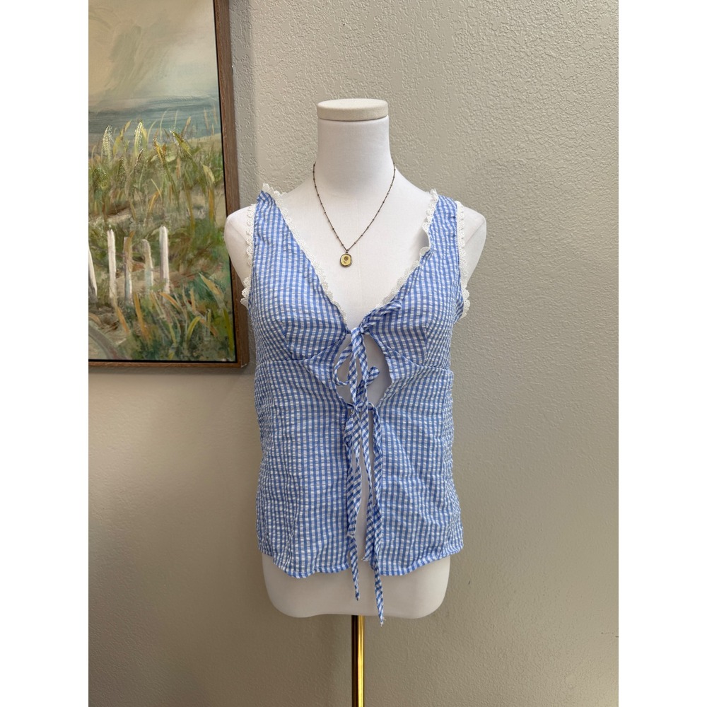 Blue Gingham Tie Front Lace Trim Tank Top‎ Sleeveless - XS